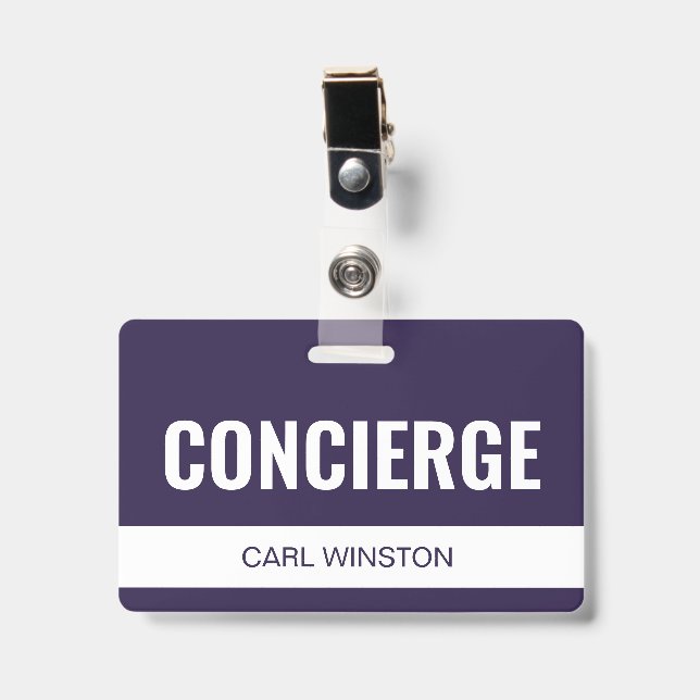 Simple Violet Custom Hotel Concierge Employee ID Badge (Front with Clip)