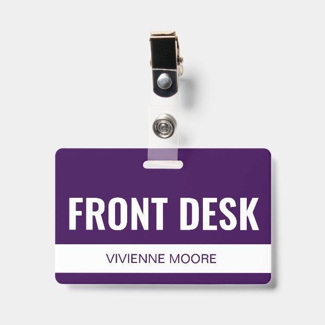 Simple Violet Custom Hotel Front Desk Employee ID Badge (Front with Clip)