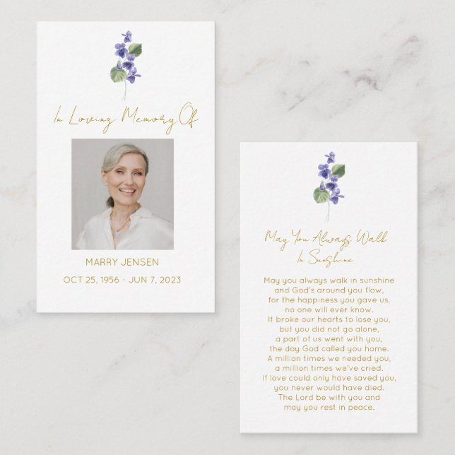 Simple Violet Photo Funeral Prayer Card (Front/Back)