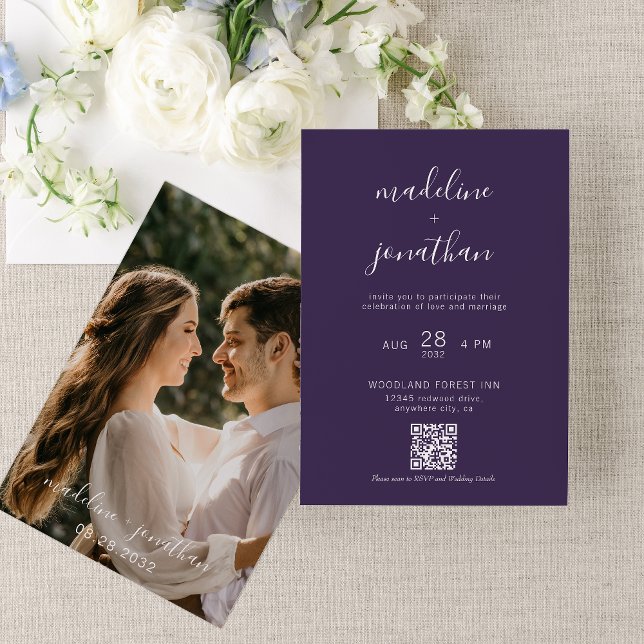 Simple Violet Purple Script Photo QR Code Wedding  Invitation (Creator Uploaded)