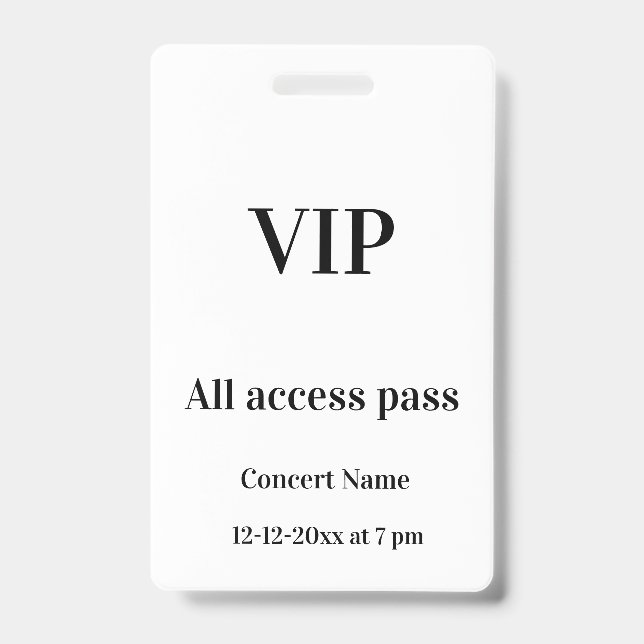 simple vip all access pass concert name occassion  ID badge (Front)