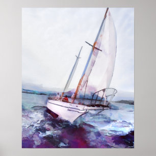 Simple watercolor and ink of Leaning Sailboat Poster