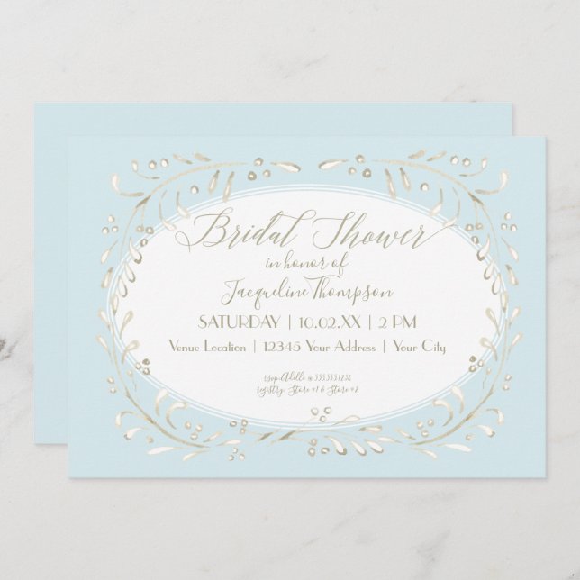 Simple Watercolor Blue Modern Leaf Branch Wedding Invitation (Front/Back)
