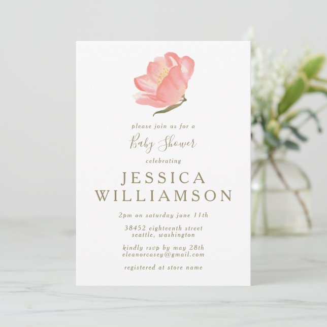 Simple Watercolor Blush Pink Floral Baby Shower  Invitation (Standing Front)