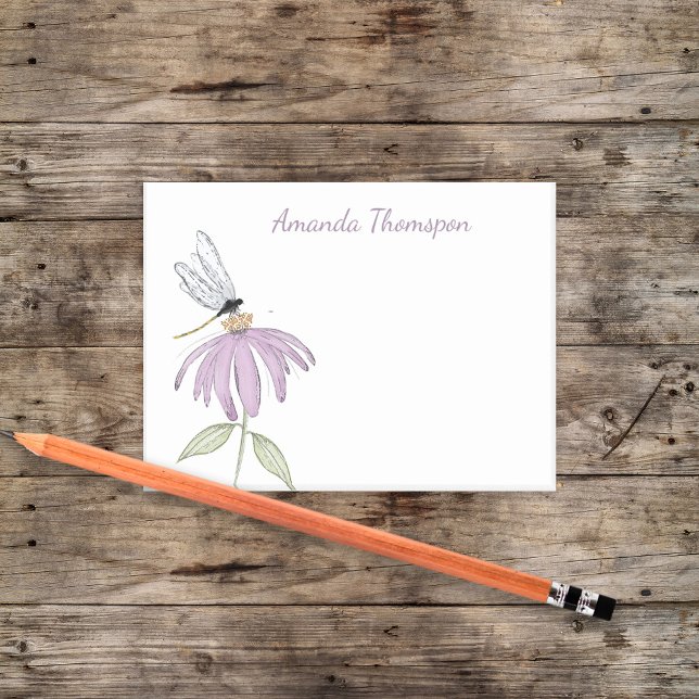 Simple Watercolor Botanical Custom Name Post-it Notes (Purple cone flower and dragonfly custom post it notes. )