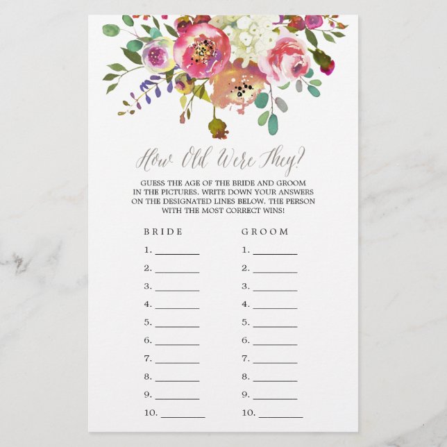 Simple Watercolor Bouquet How Old Were They Game (Back)