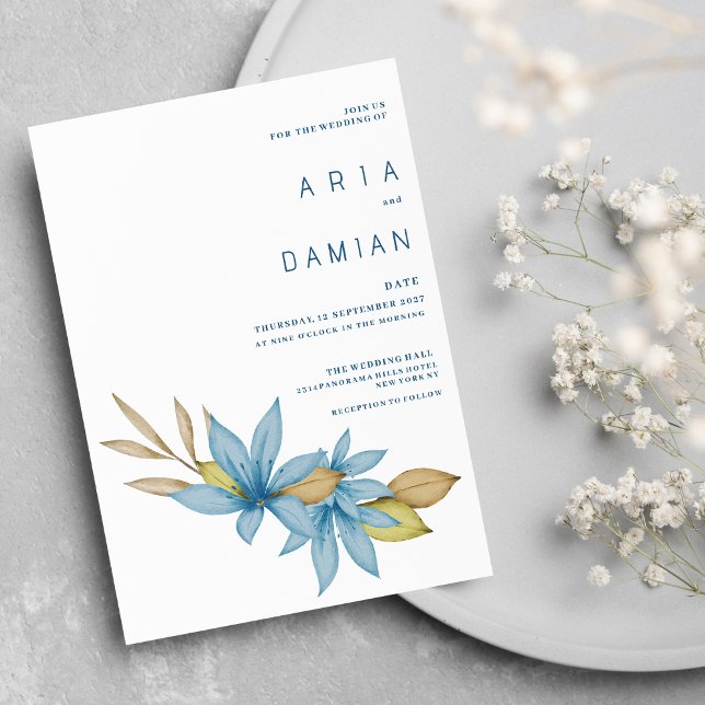 Simple watercolor brown blue floral Wedding  Invitation (Simple watercolor brown blue floral Wedding )