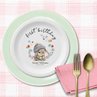Simple Watercolor Bunny First Birthday Paper Plate