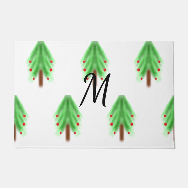 Simple watercolor Christmas pattern add monogram  Doormat (Front)