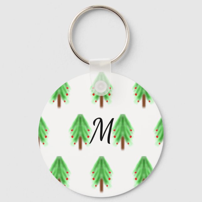 Simple watercolor Christmas pattern add monogram  Key Ring (Front)