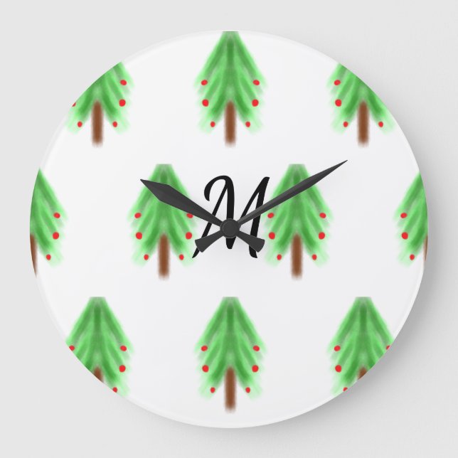 Simple watercolor Christmas pattern add monogram  Large Clock (Front)