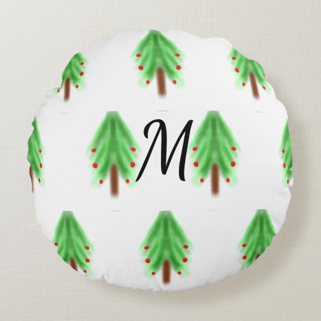 Simple watercolor Christmas pattern add monogram  Round Cushion (Front)