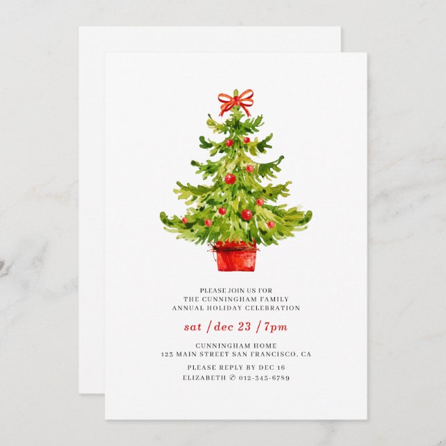 Simple Watercolor Christmas Tree Holiday Dinner Invitation (Front/Back)