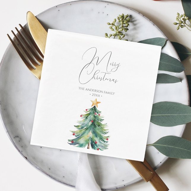Simple Watercolor Christmas Tree Merry Christmas Napkin (Creator Uploaded)
