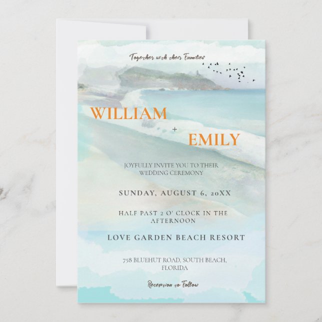 Simple Watercolor Coastal Beach Wedding Invitation (Front)