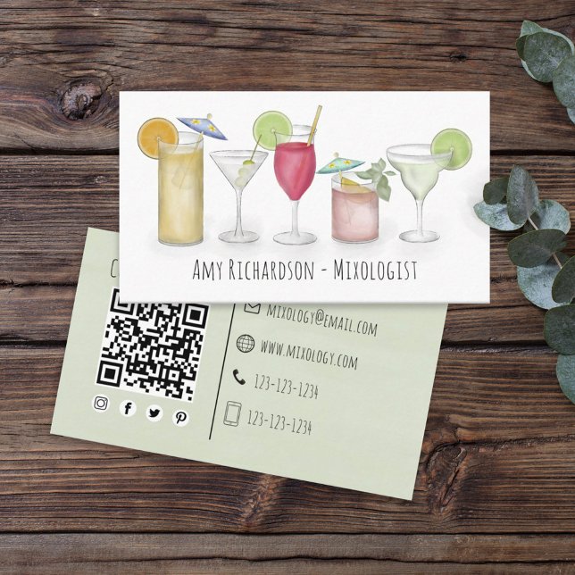 Simple Watercolor Cocktails Drinks Bartender  Business Card (Creator Uploaded)