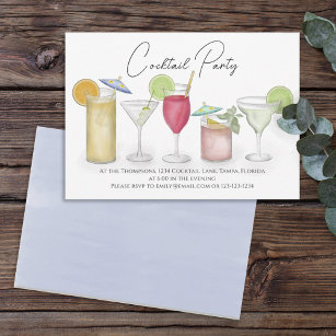 Simple Watercolor Cocktails Drinks Whimsical Fun Invitation