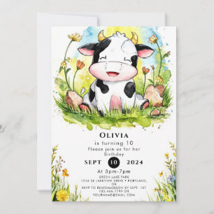 Simple Watercolor Cow Birthday Invitation