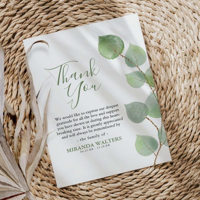 Simple Watercolor Eucalyptus Greenery Sympathy Thank You Card (Creator Uploaded)