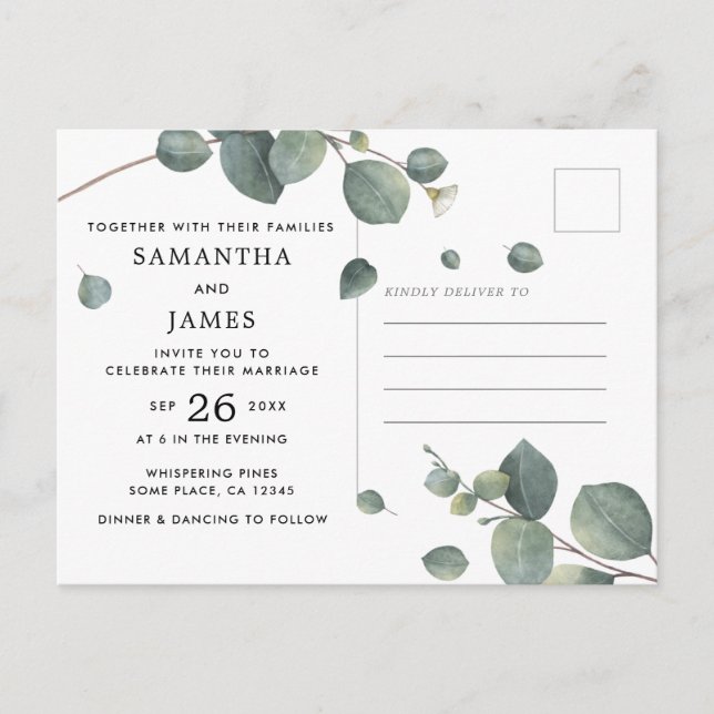 Simple Watercolor Eucalyptus Photo Wedding Invitation Postcard (Front)