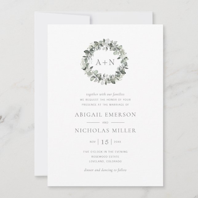 Simple Watercolor Eucalyptus Wedding Invitation (Front)