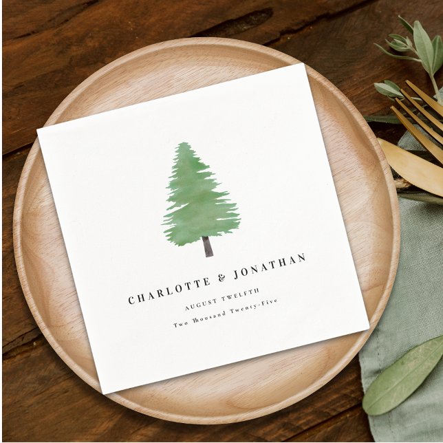 Simple Watercolor Fir Tree Woodland Wedding Napkin (Personalized elegant modern simple Woodland watercolor Wedding napkins)