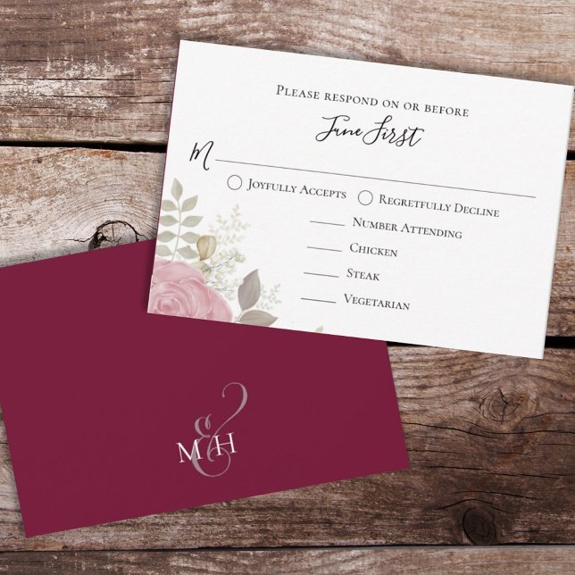 Simple Watercolor Floral Burgundy Meal Choice RSVP Card (Creator Uploaded)