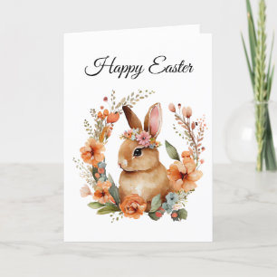 Simple Watercolor Floral Easter Bunny Holiday Card