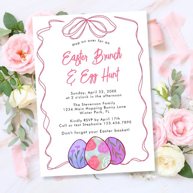Simple Watercolor Floral Eggs Bow Easter Brunch Invitation (Creator Uploaded)