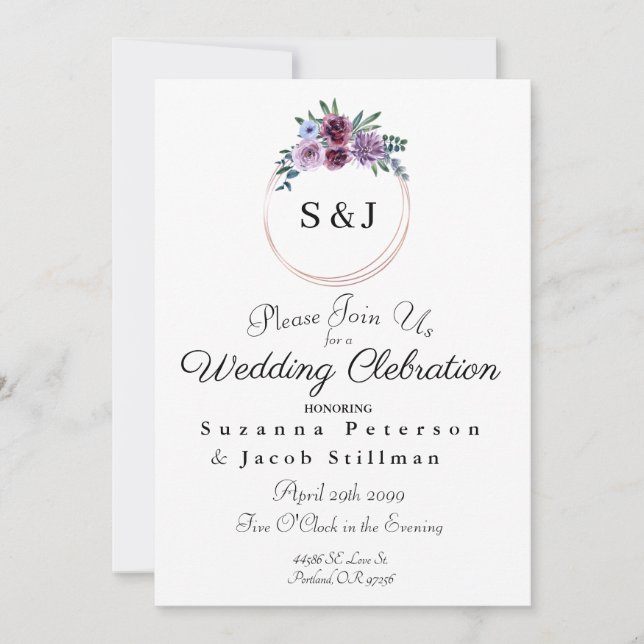 Simple Watercolor Floral Wreath with Initials Invitation (Front)
