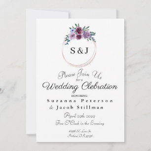 Simple Watercolor Floral Wreath with Initials Invitation