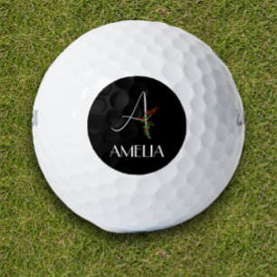 Simple watercolor flower letter A black Golf Balls
