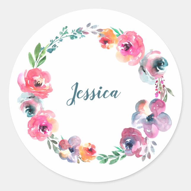 Simple Watercolor Flowers Modern Elegant   Classic Round Sticker (Front)
