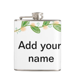 Simple watercolor green leaf monogram add name tex hip flask