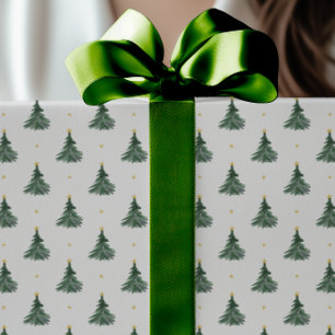 Simple Watercolor Green Trees Gold Stars Christmas Wrapping Paper