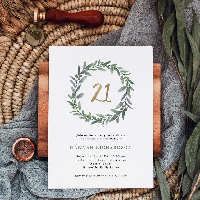 Simple Watercolor Greenery and Gold 21st Birthday Invitation (Creator Uploaded)