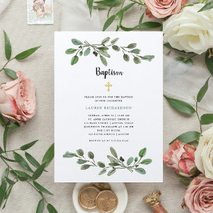 Simple Watercolor Greenery and Gold   Baptism Invitation