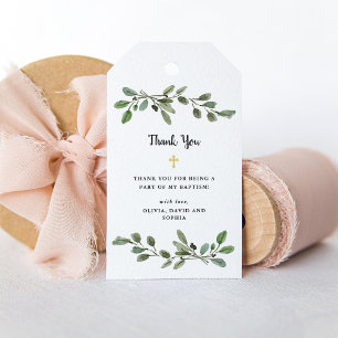 Simple Watercolor Greenery and Gold Cross Baptism Gift Tags