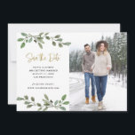 Simple Watercolor Greenery and Gold Photo Save The Date<br><div class="desc">These lovely minimal wedding save the date cards feature simple,  watercolor green leaves on a clean,  white background with your photo. Modern serif text mixed with trendy faux gold script typography adds a fresh look to make this save the date perfect for your rustic,  minimalist,  or elegant style.</div>