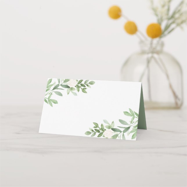 Simple Watercolor Greenery and White Flowers Place Card (Front)
