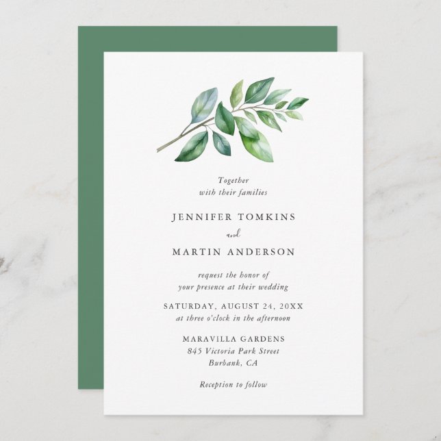 Simple Watercolor Greenery Branch Wedding Invitation (Front/Back)