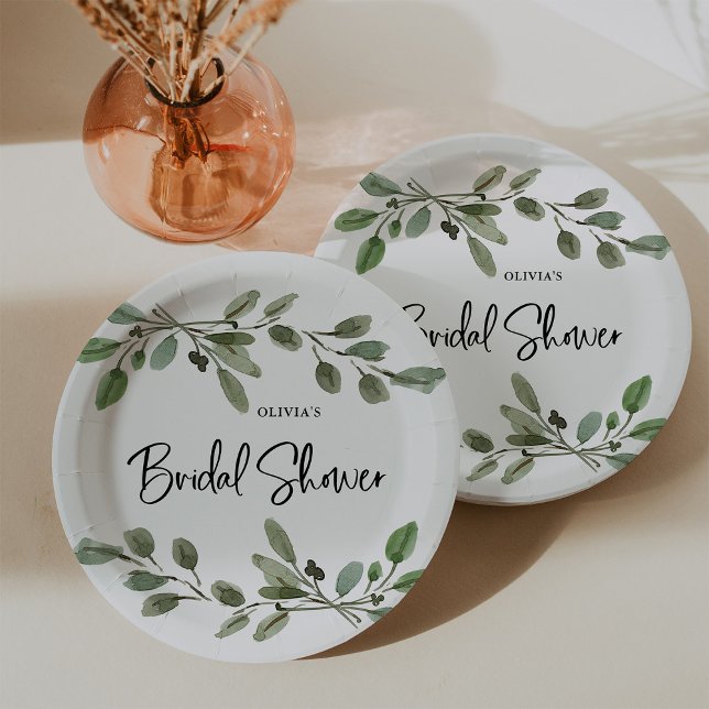 Simple Watercolor Greenery | Bridal Shower Paper Plate (Creator Uploaded)