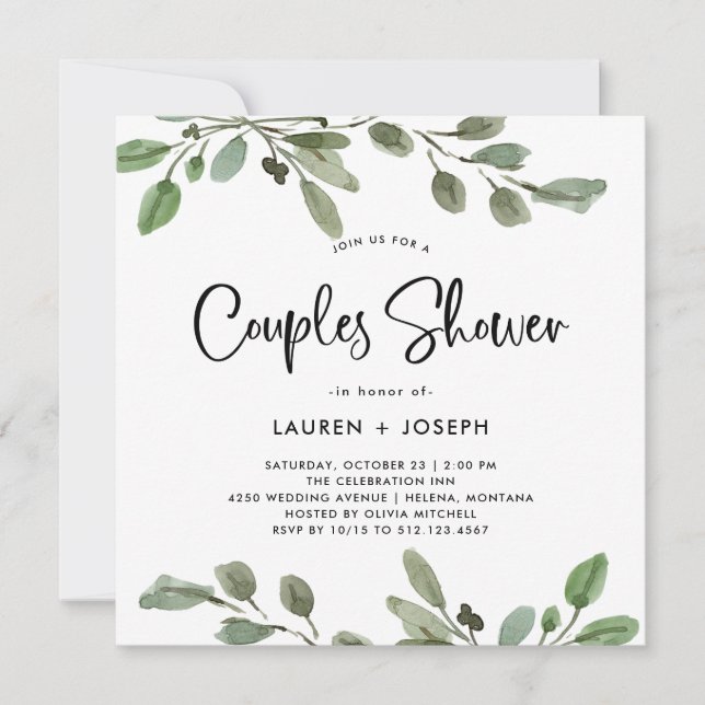 Simple Watercolor Greenery | Couples Shower Invitation (Front)