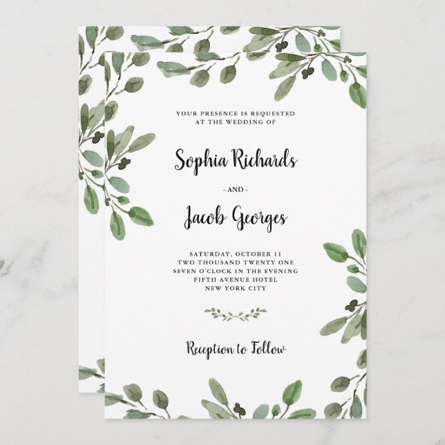 Simple Watercolor Greenery | Elegant Wedding Invitation (Front/Back)
