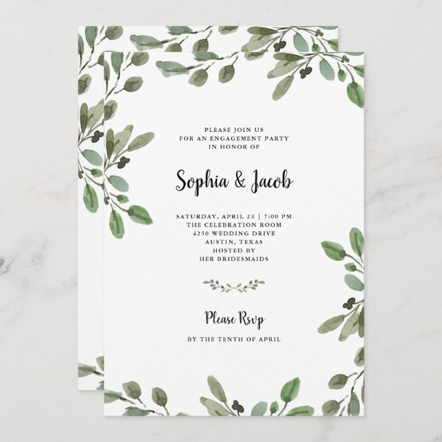 Simple Watercolor Greenery | Engagement Party Invitation (Front/Back)