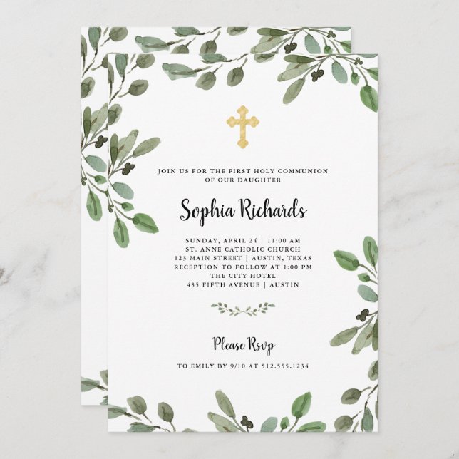Simple Watercolor Greenery | First Holy Communion Invitation (Front/Back)