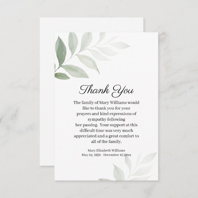 Simple Watercolor Greenery Funeral Thank You Card (Front/Back)