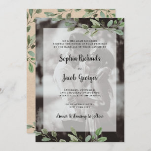 Simple Watercolor Greenery   Kraft Photo Wedding Invitation