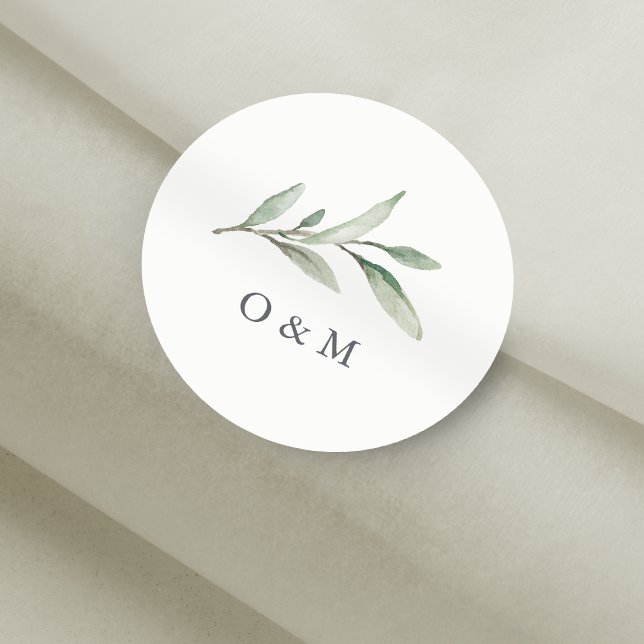 Simple Watercolor Greenery monogram Classic Round Sticker (Simple Watercolor Greenery monogram Classic Round Sticker)