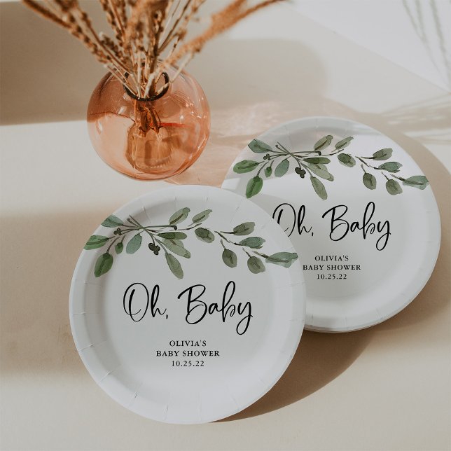 Simple Watercolor Greenery Oh Baby | Baby Shower Paper Plate (Creator Uploaded)